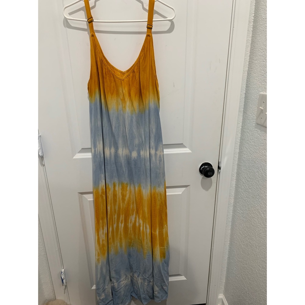 Knox Rose Yellow Blue Tie Dye Maxi Dress Sleeveless V-Neck XL Bohemian Summer
